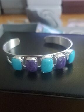 NEW Turquoise Amethyst 925 Sterling Silver Cuff Bracelet with Rotating Stones